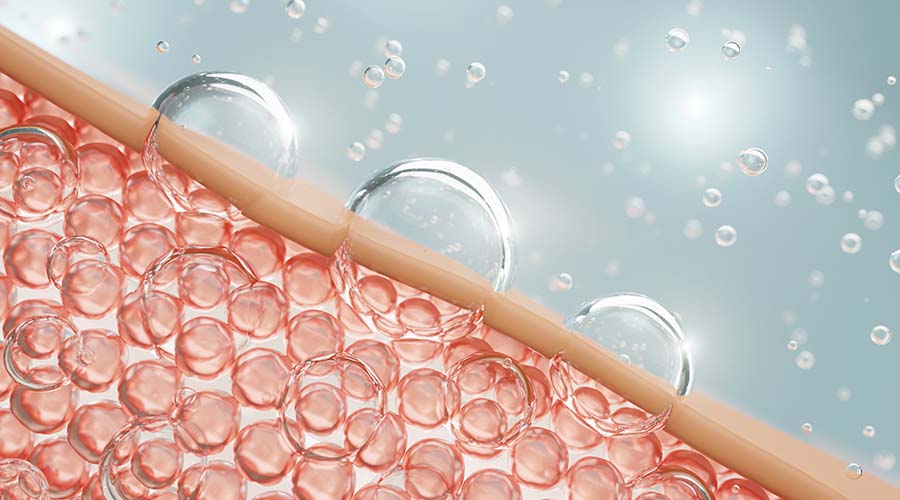 Illustration de la peau hydratée avec des bulles d'eau, représentant l'équilibre du pH et l'hydratation en profondeur, apportés par les soins visage bio et naturels de IUM Paris.