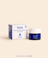 Packshot de la Crème Jeunesse Redensifiante IUM Paris, pot bleu et boîte, soin visage certifié bio, hydratant, repulpant et illuminant, enrichi en calcium minéral et sodium.